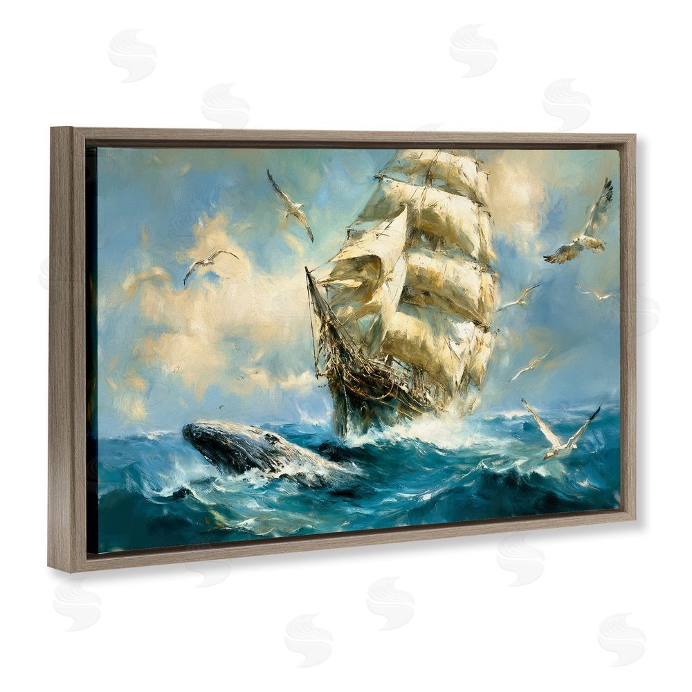 Tina LeCour Clipper Ship & The Whale Brown Floating Frame Canvas Wall Art Print
