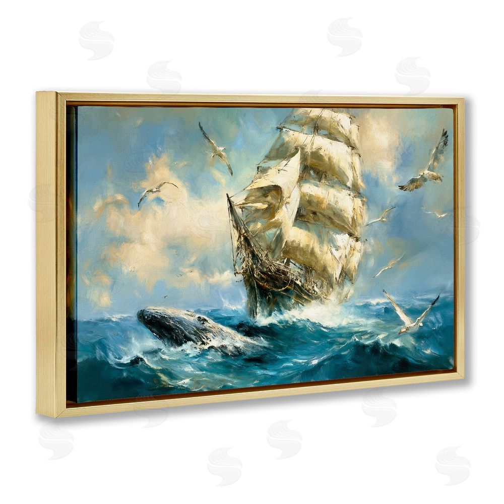 Tina LeCour Clipper Ship & The Whale Gold Floating Frame Canvas Wall Art Print