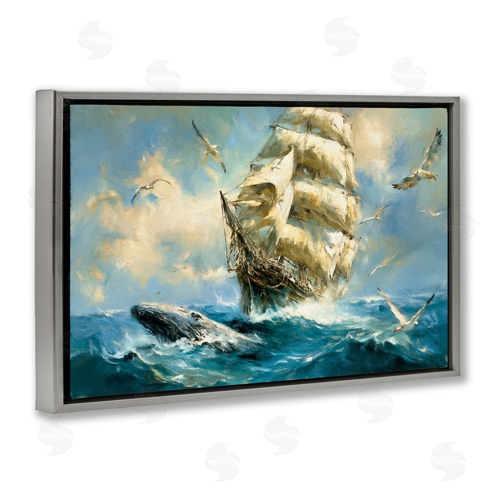 Tina LeCour Clipper Ship & The Whale Gray Floating Frame Canvas Wall Art Print