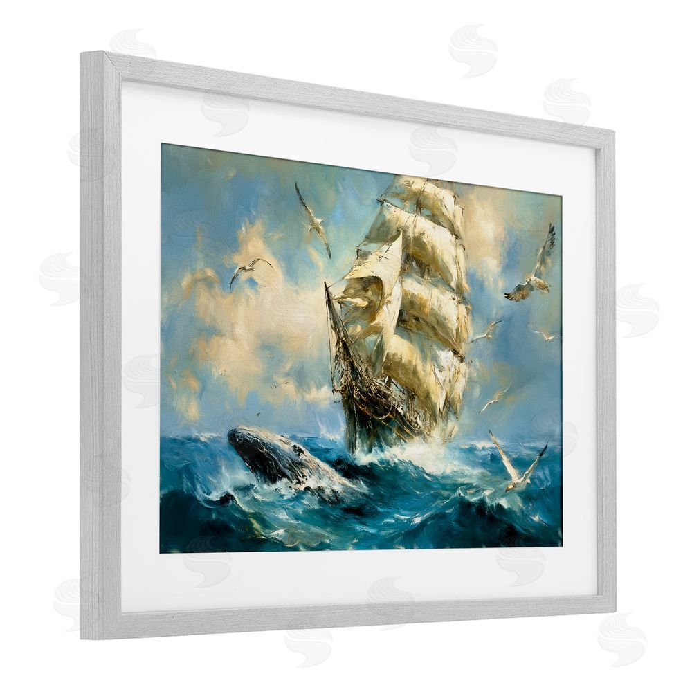 Tina LeCour Clipper Ship & The Whale Gray Framed Print Under Glass Wall Art