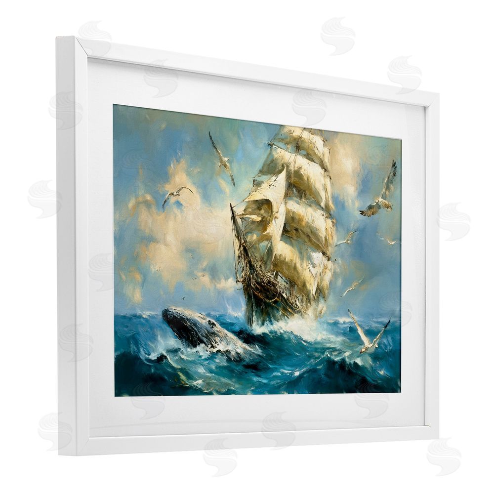Tina LeCour Clipper Ship & The Whale White Framed Print Under Glass Wall Art
