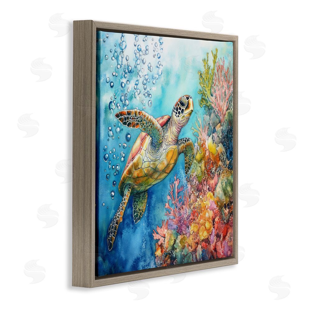 Tina LeCour Underwater Sea Turtle Bubbles Brown Floating Frame Canvas Wall Art Print