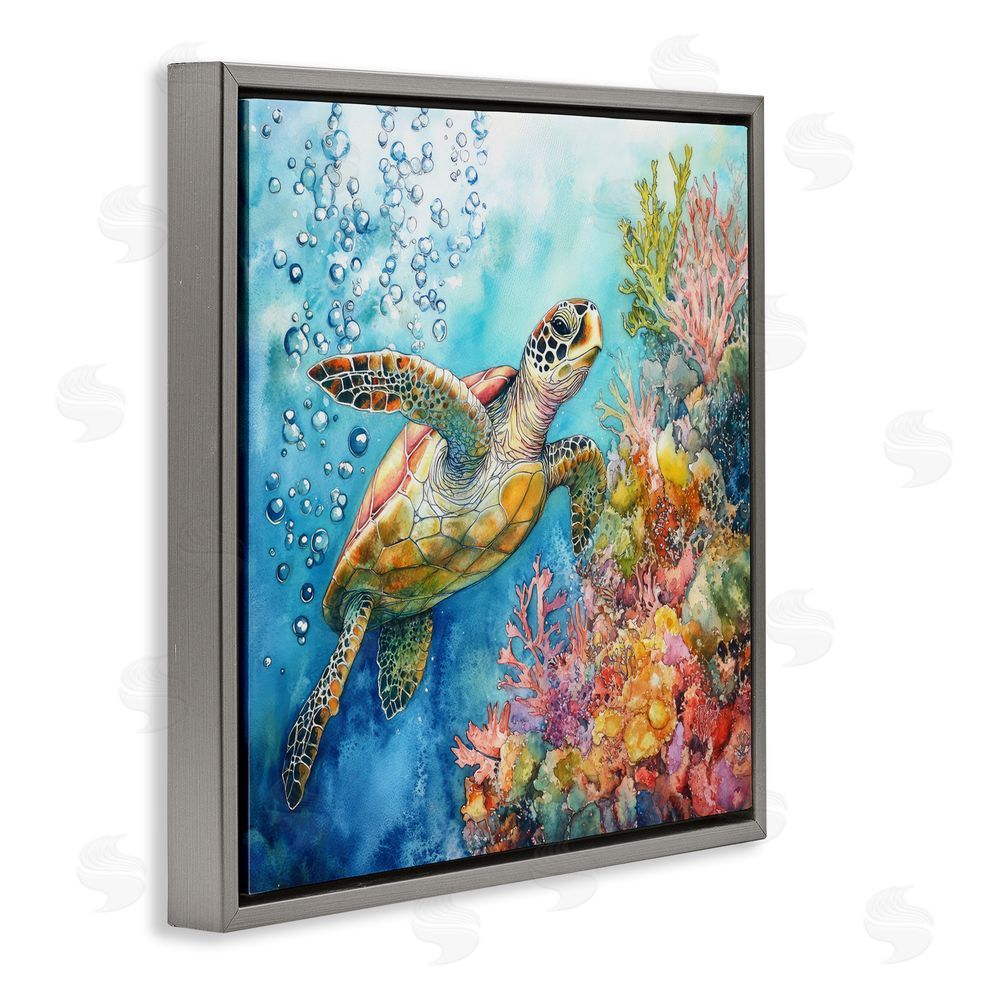 Tina LeCour Underwater Sea Turtle Bubbles Gray Floating Frame Canvas Wall Art Print