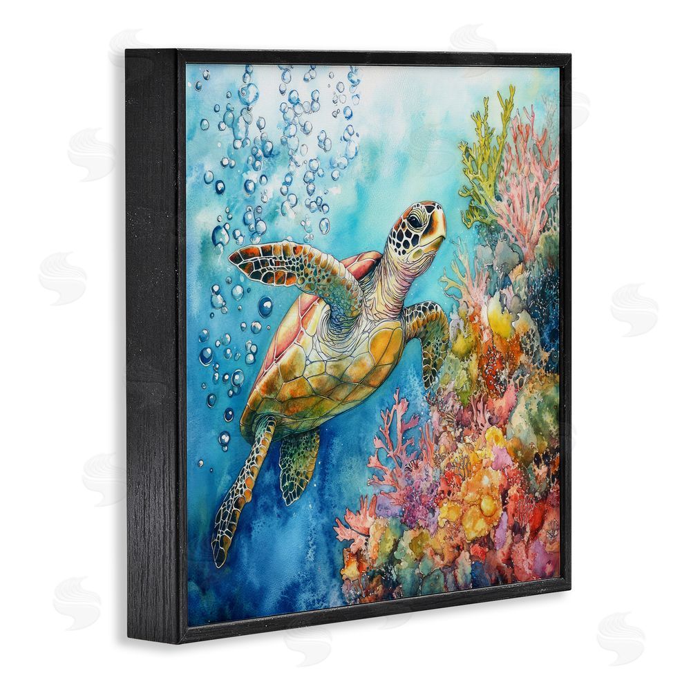 Tina LeCour Underwater Sea Turtle Bubbles Black Framed Giclee Wall Art Print