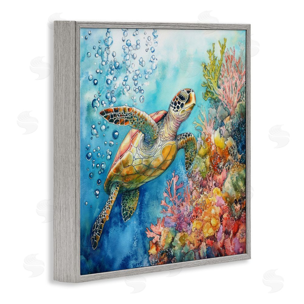 Tina LeCour Underwater Sea Turtle Bubbles Gray Framed Giclee Wall Art Print