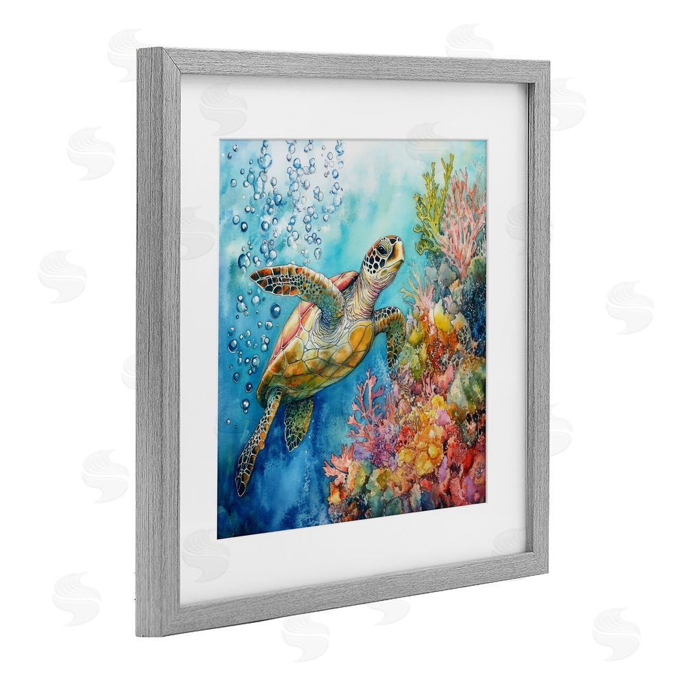 Tina LeCour Underwater Sea Turtle Bubbles Gray Framed Print Under Glass Wall Art
