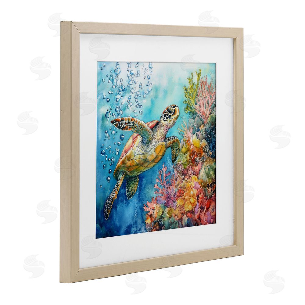 Tina LeCour Underwater Sea Turtle Bubbles Brown Framed Print Under Glass Wall Art