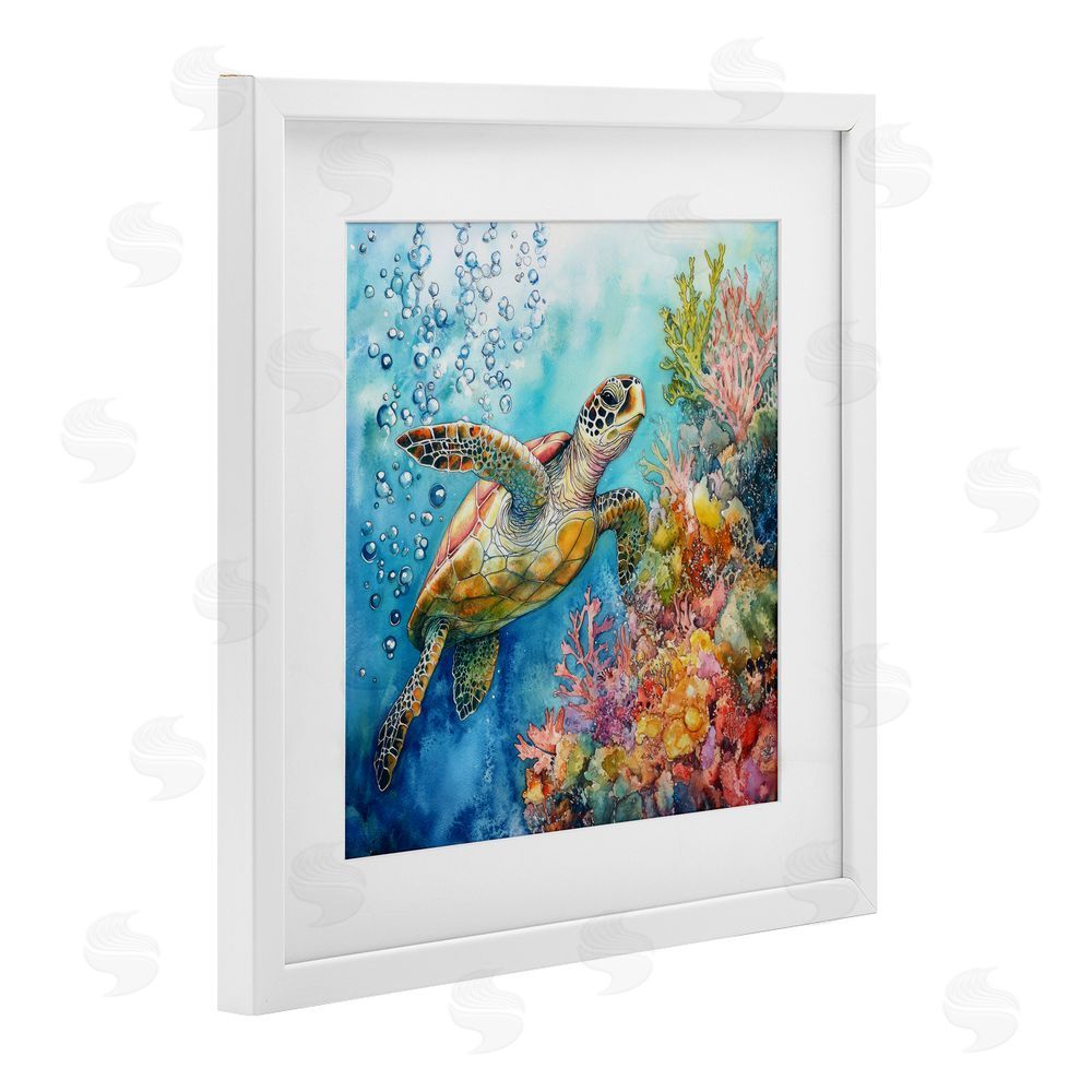 Tina LeCour Underwater Sea Turtle Bubbles White Framed Print Under Glass Wall Art
