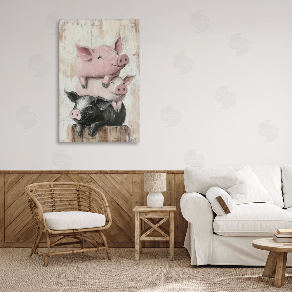 Tina LeCour Pig & Piglet Pile Stretched Canvas Wall Art Print in Room