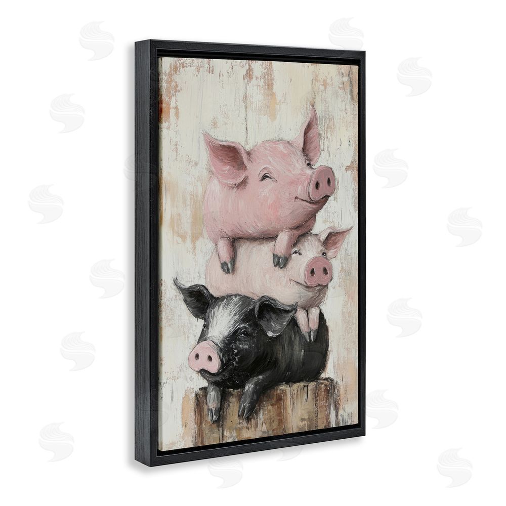 Tina LeCour Pig & Piglet Pile Black Floating Frame Canvas Wall Art Print