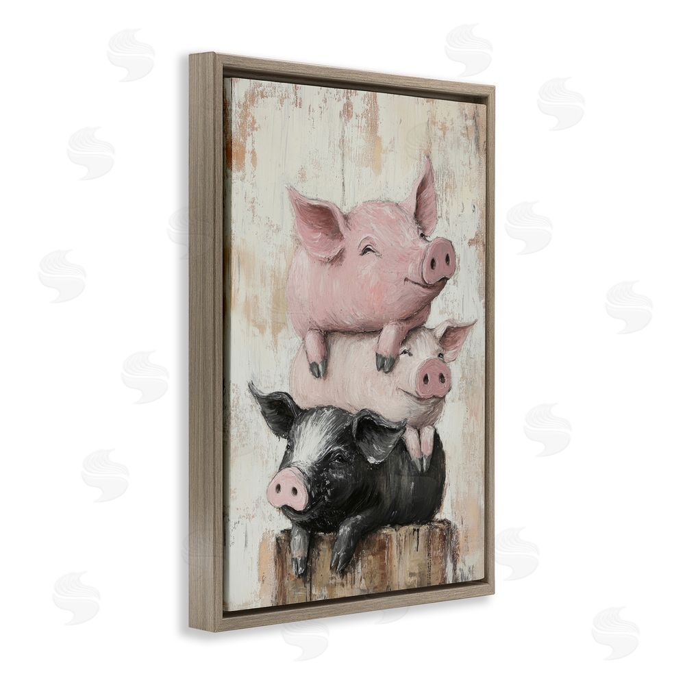 Tina LeCour Pig & Piglet Pile Brown Floating Frame Canvas Wall Art Print