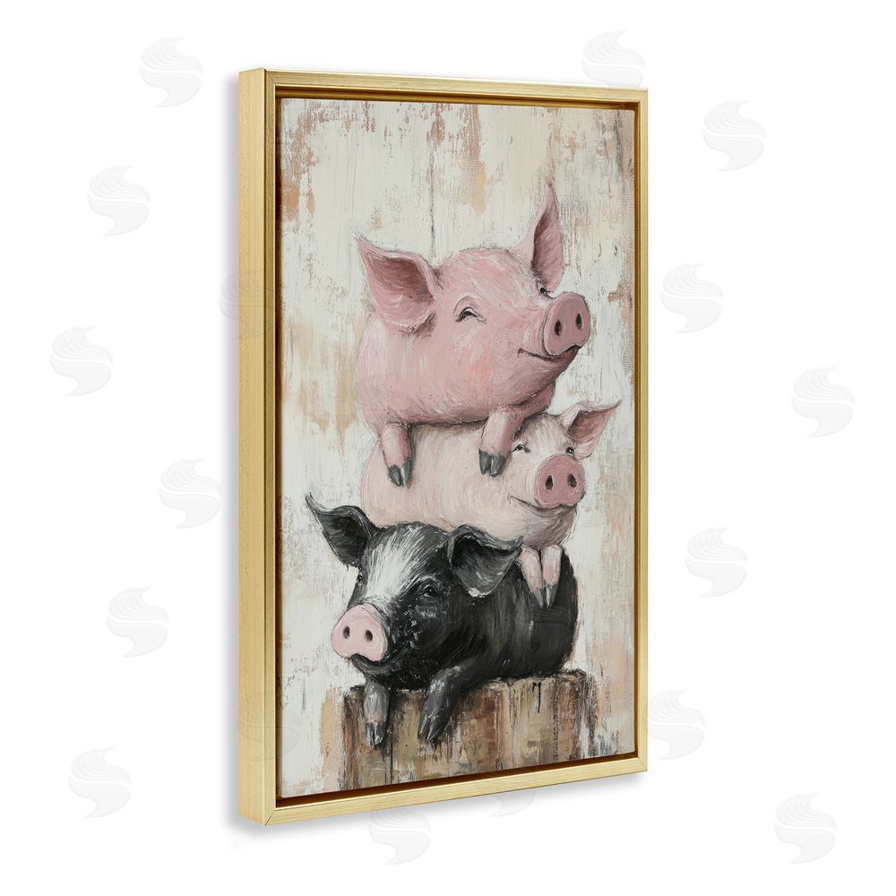 Tina LeCour Pig & Piglet Pile Gold Floating Frame Canvas Wall Art Print
