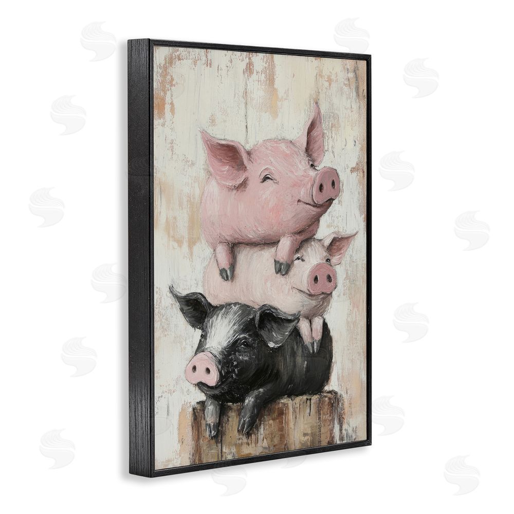 Tina LeCour Pig & Piglet Pile Black Framed Giclee Wall Art Print