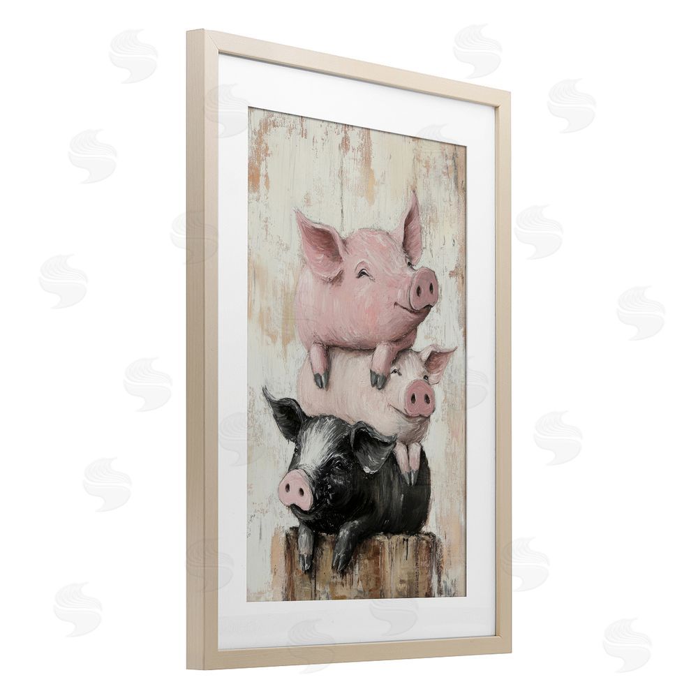 Tina LeCour Pig & Piglet Pile Brown Framed Print Under Glass Wall Art