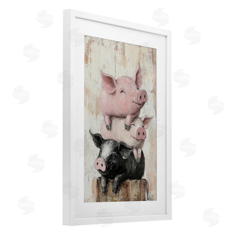 Tina LeCour Pig & Piglet Pile White Framed Print Under Glass Wall Art