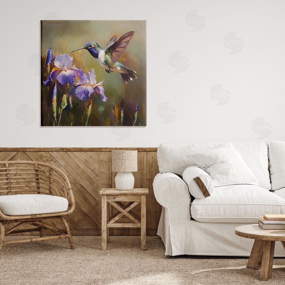 Tina LeCour Hummingbird & Purple Irises Stretched Canvas Wall Art in Room
