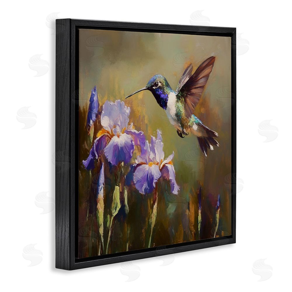 Tina LeCour Hummingbird & Purple Irises Black Floating Frame Canvas Wall Art