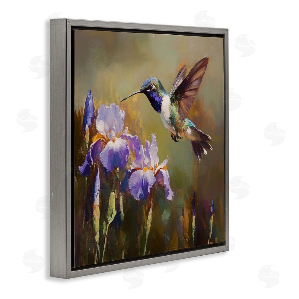 Tina LeCour Hummingbird & Purple Irises Gray Floating Frame Canvas Wall Art