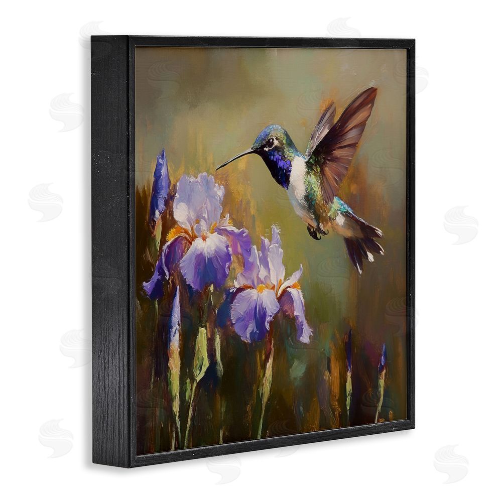 Tina LeCour Hummingbird & Purple Irises Blacked Framed Giclee Wall Art Print