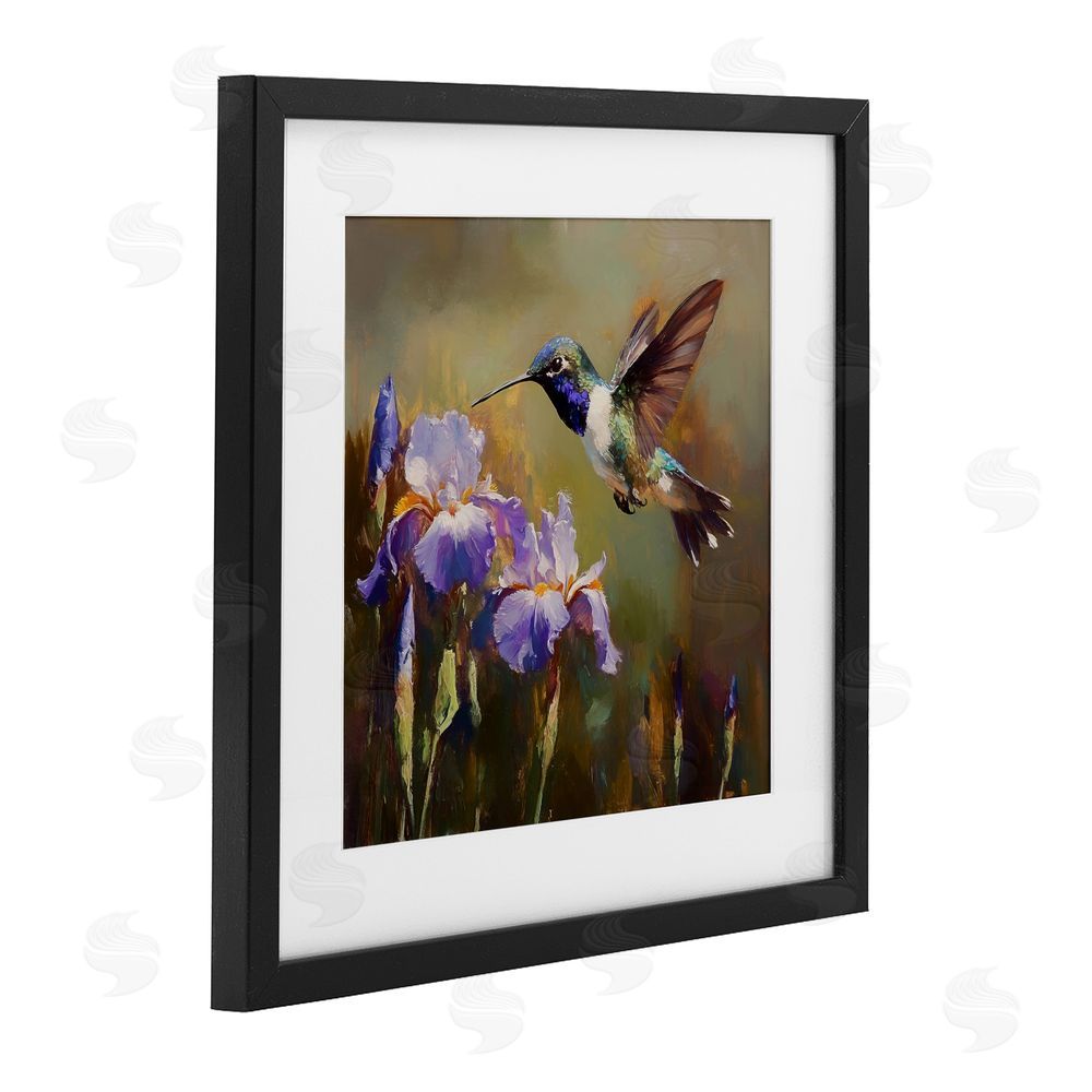 Tina LeCour Hummingbird & Purple Irises Black Framed Print Under Glass with Mat Wall Art