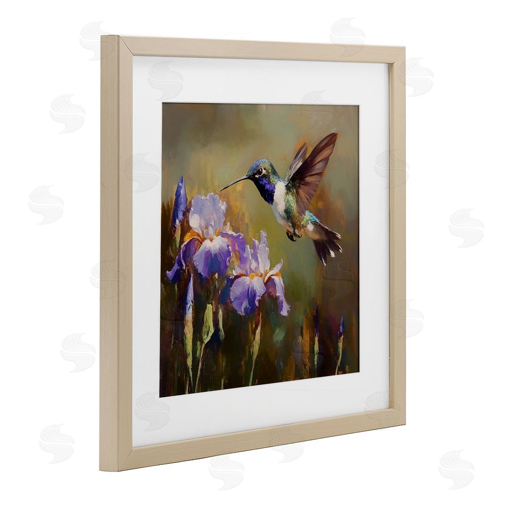 Tina LeCour Hummingbird & Purple Irises Brown Framed Print Under Glass with Mat Wall Art