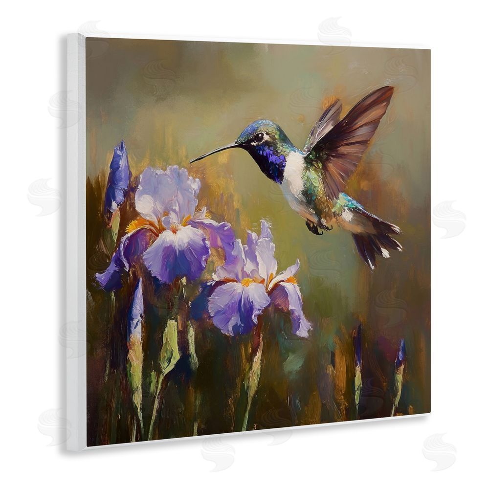 Tina LeCour Hummingbird & Purple Irises Wooden Wall Plaque Art Print