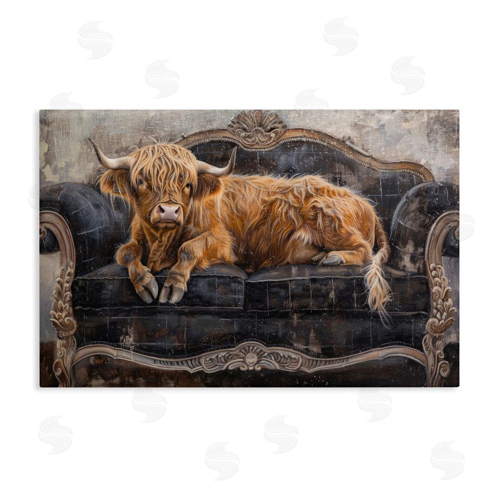 Tina LeCour Cozy Couch Highland Cow Stretched Canvas Wall Art Print