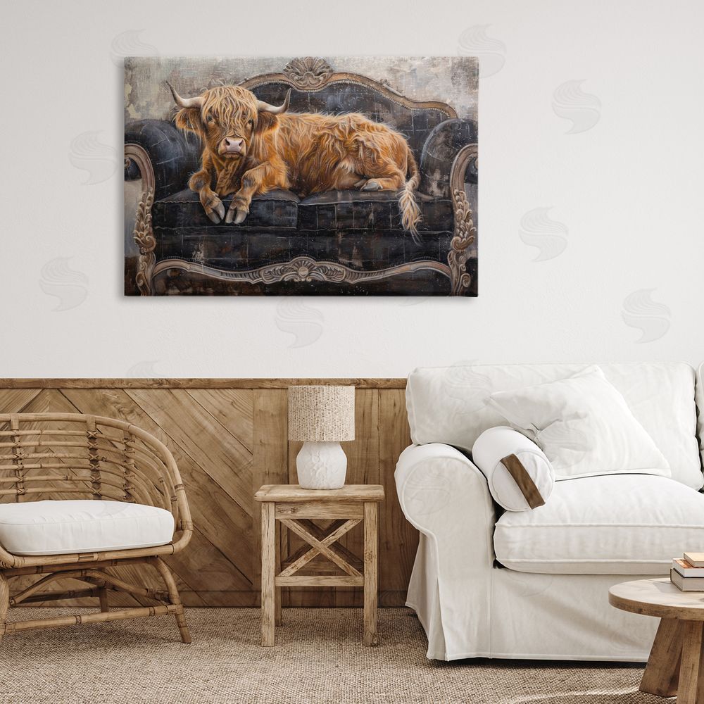 Tina LeCour Cozy Couch Highland Cow Stretched Canvas Wall Art Print in Room