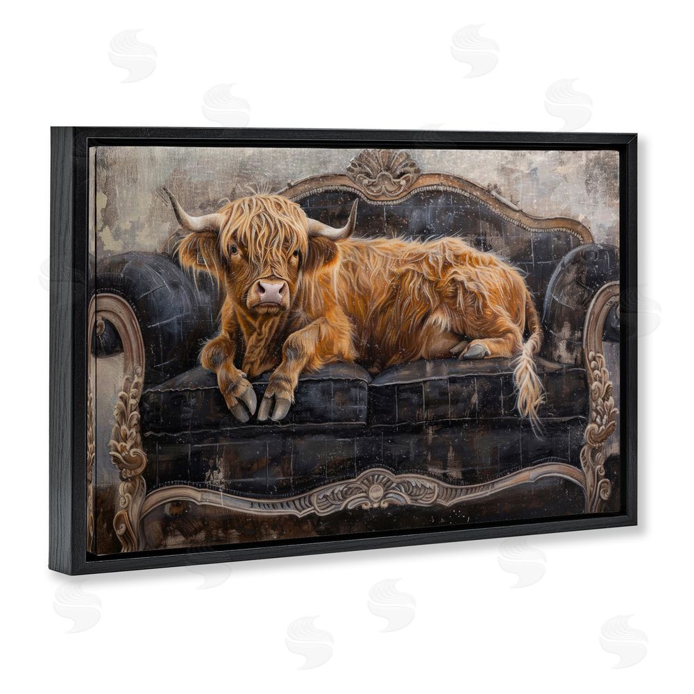 Tina LeCour Cozy Couch Highland Cow Black Floating Frame Wall Art Print