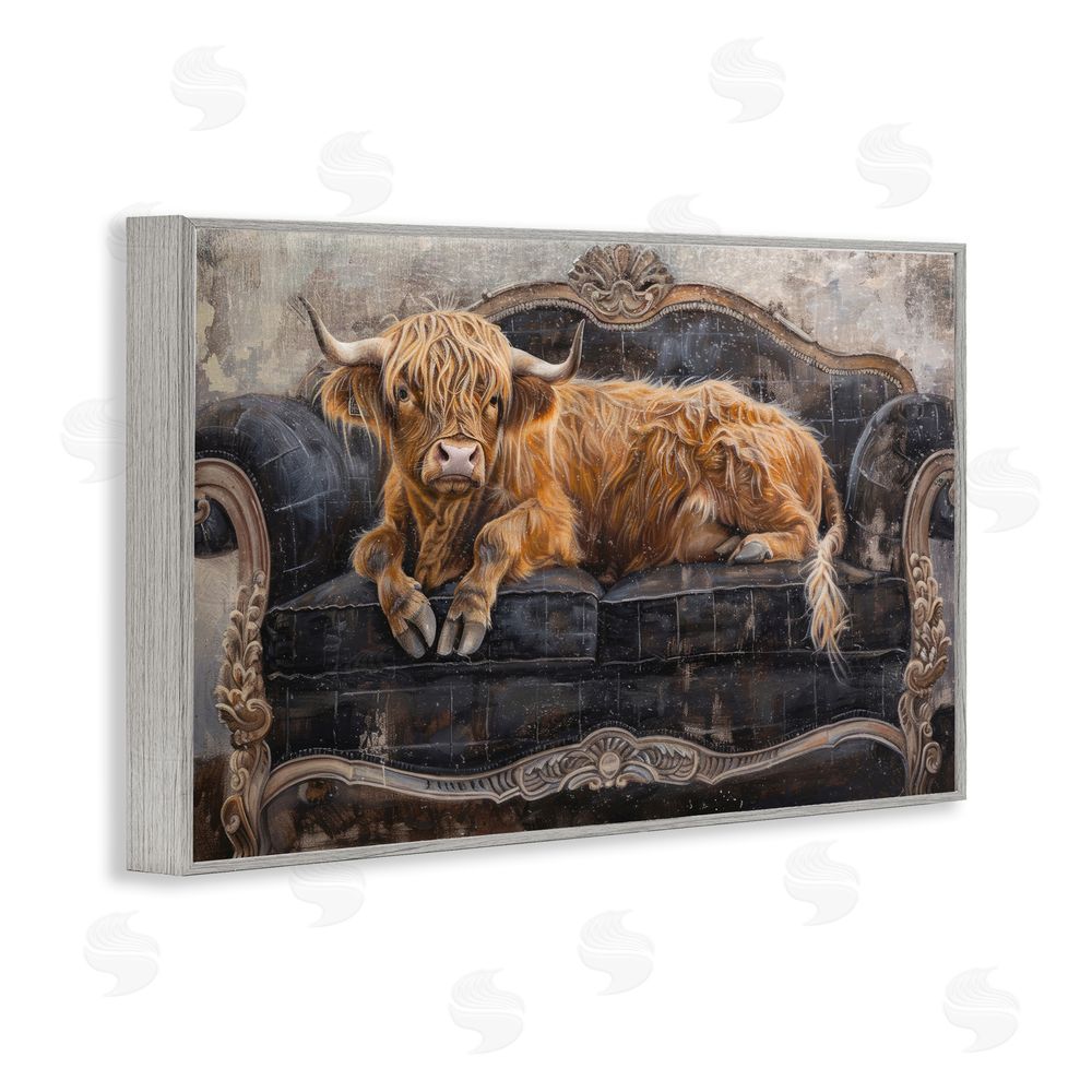Tina LeCour Cozy Couch Highland Cow Gray Framed Giclee Wall Art Print