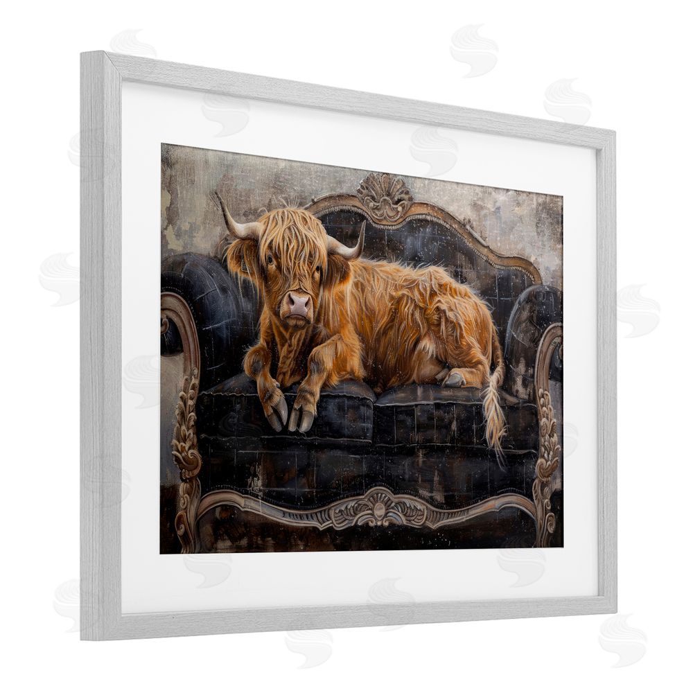Tina LeCour Cozy Couch Highland Cow Gray Framed Print Under Glass Wall Art