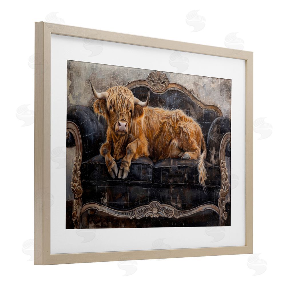 Tina LeCour Cozy Couch Highland Cow Birch Framed Print Under Glass Wall Art