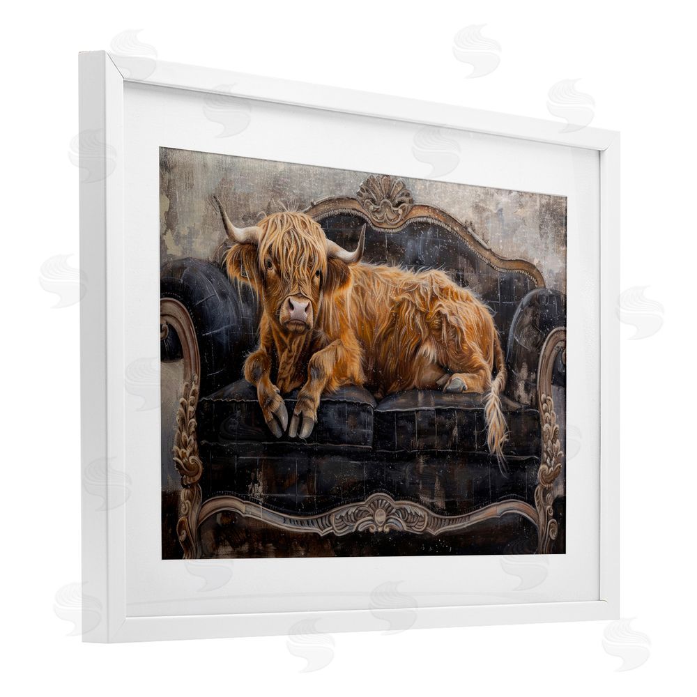 Tina LeCour Cozy Couch Highland Cow White Framed Print Under Glass Wall Art