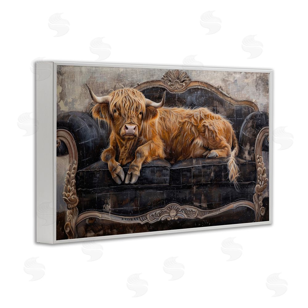 Tina LeCour Cozy Couch Highland Cow White Framed Giclee Wall Art Print