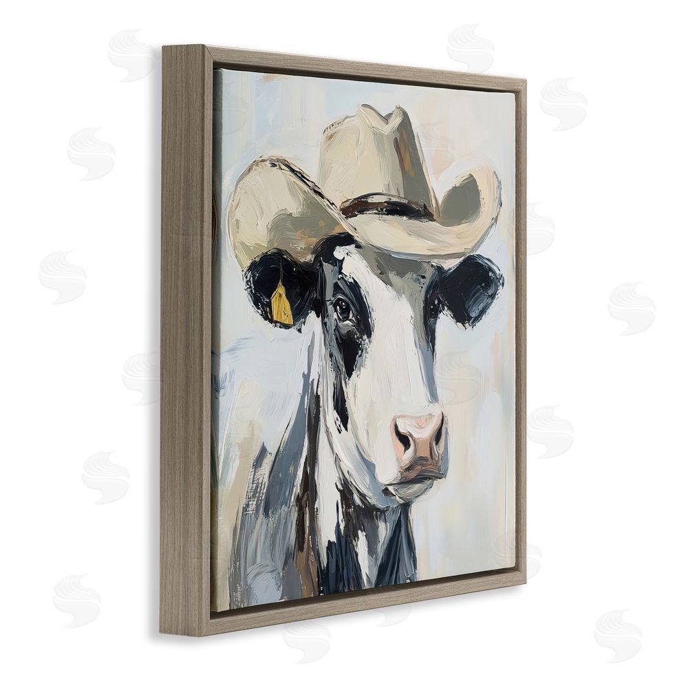 Tina LeCour Cowboy Carl Cow Brown Floating Frame Canvas Wall Art Print
