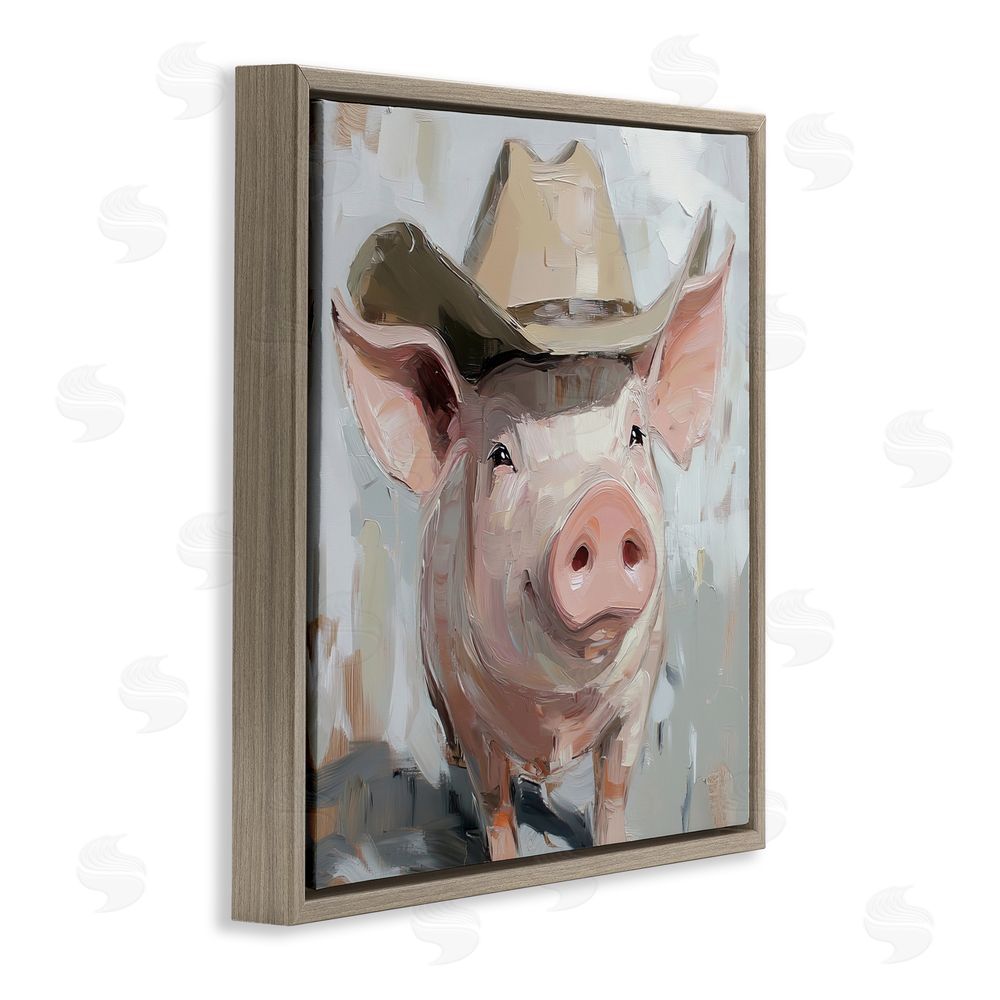 Tina LeCour Cowboy Chester Pig Brown Floating Frame Canvas Wall Art Print