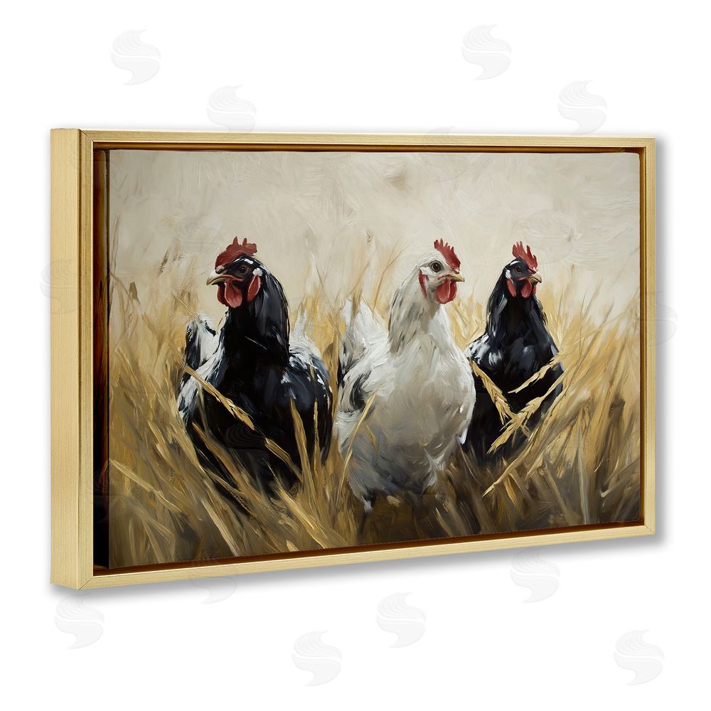 Tina LeCour Chickens In Wheat Field Gold Floating Frame Canvas Wall Art Print