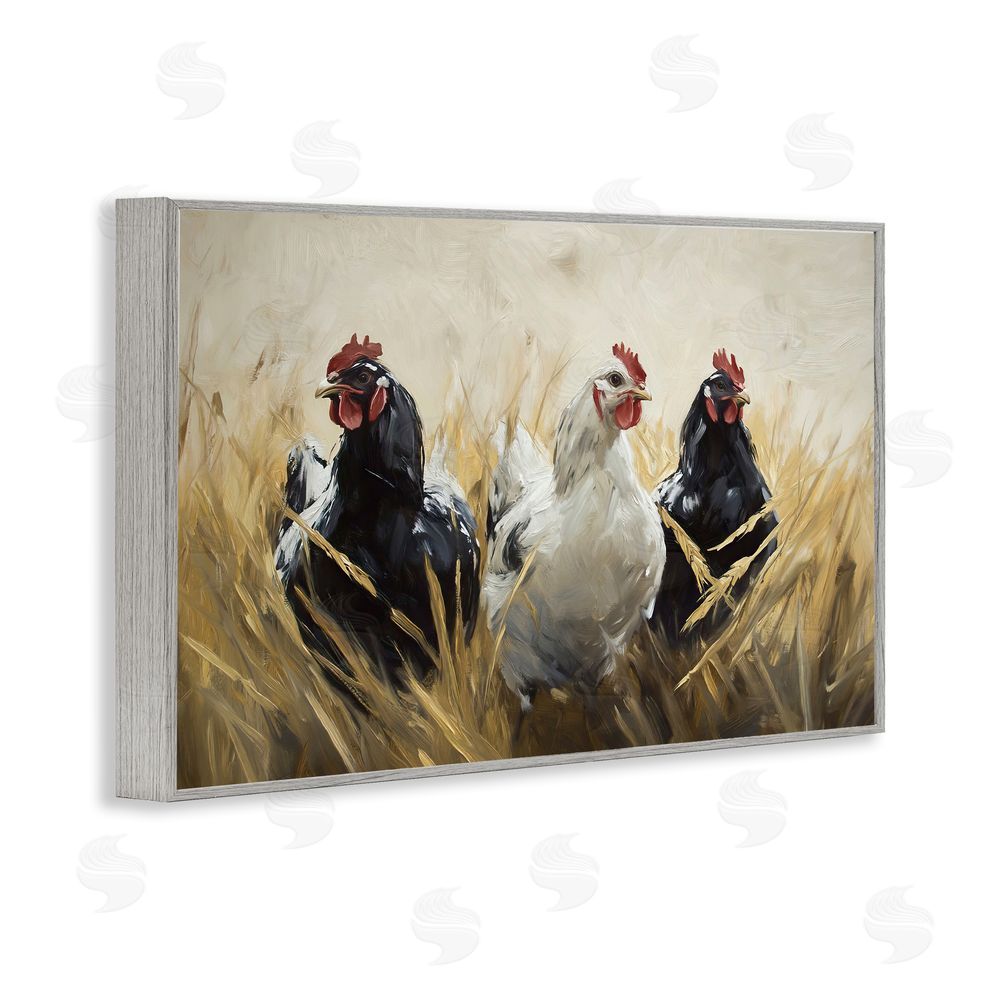 Tina LeCour Chickens In Wheat Field Gray Framed Giclee Wall Art Print