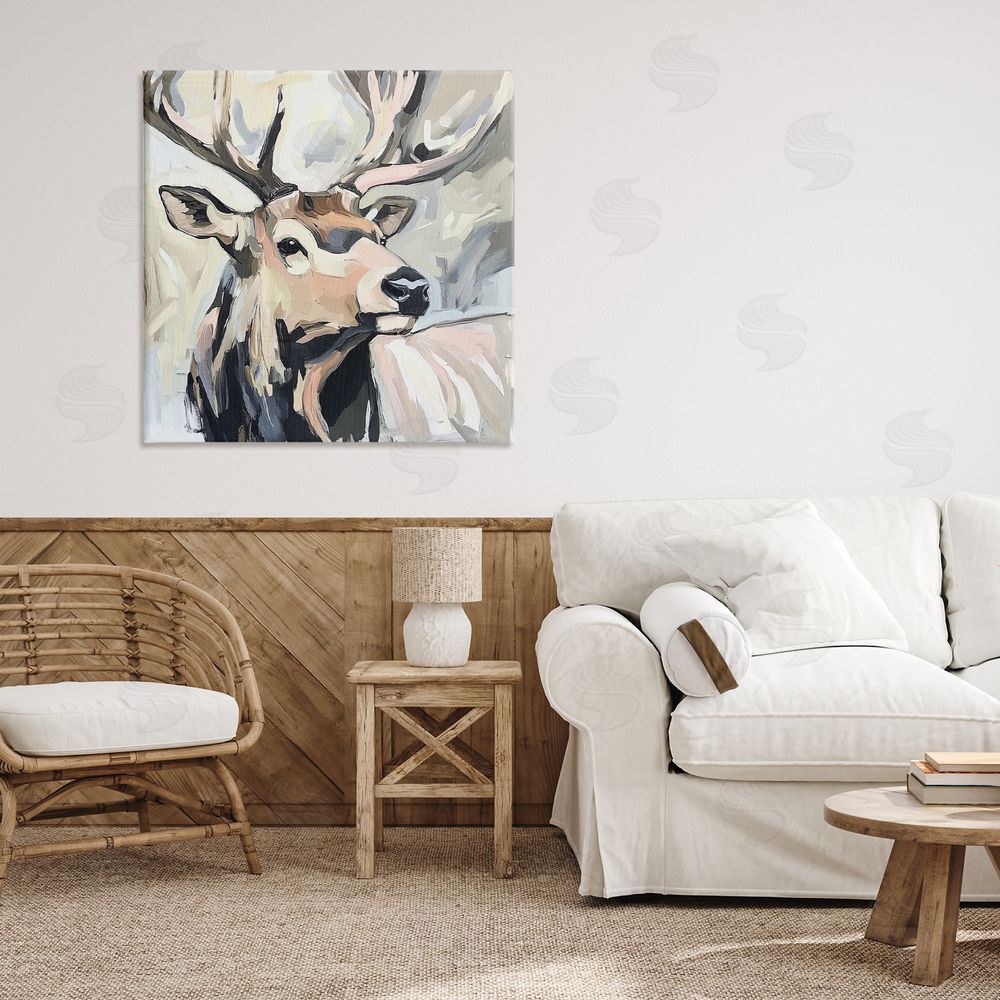 Tina LeCour Neutral Bull Elk Portrait Stretched Canvas Wall Art Print in Room