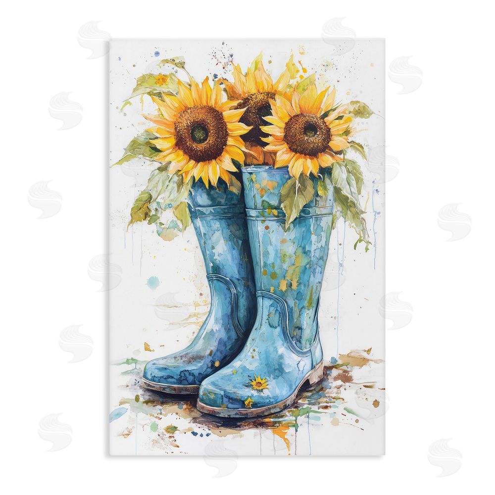 Tina LeCour Blue Rain Boots & Sunflowers Stretched Canvas Wall Art Print