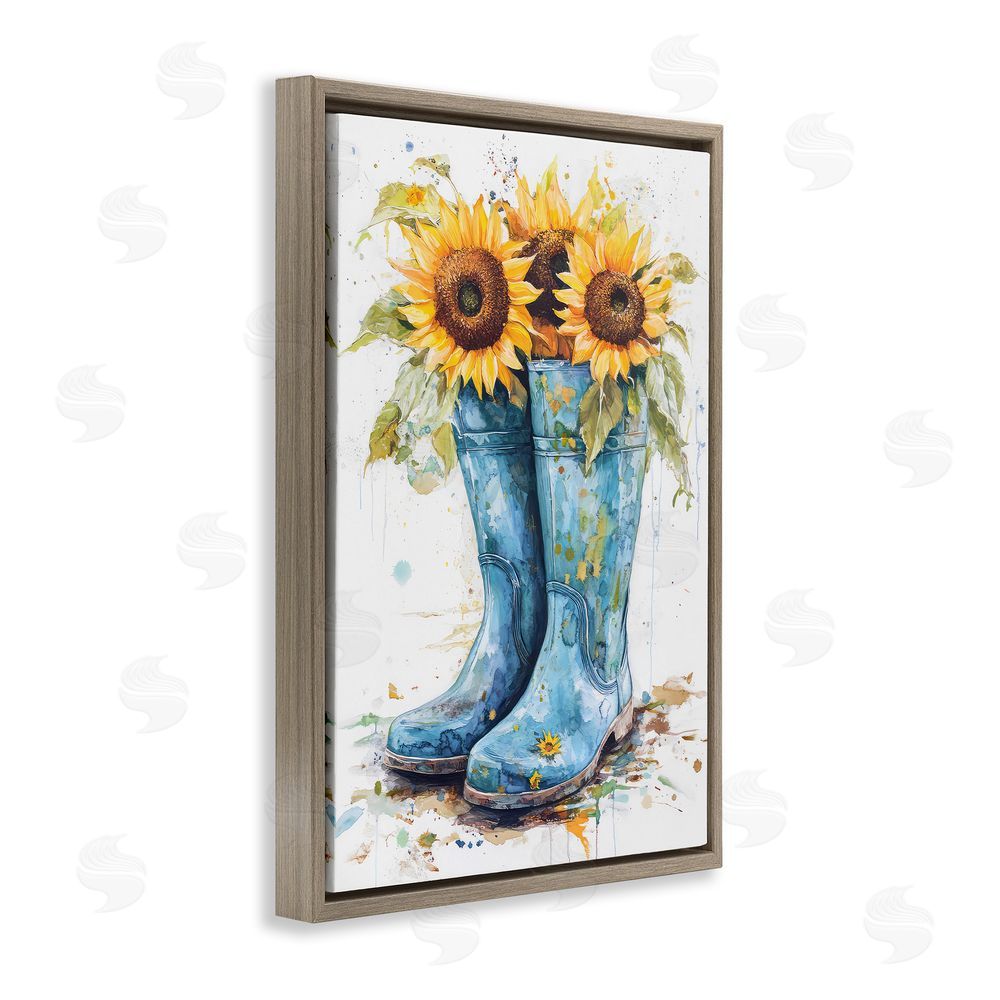 Tina LeCour Blue Rain Boots & Sunflowers Brown Floating Frame Canvas Wall Art Print