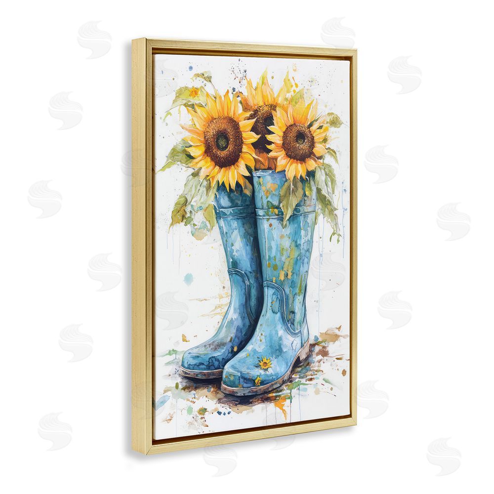 Tina LeCour Blue Rain Boots & Sunflowers Gold Floating Frame Canvas Wall Art Print