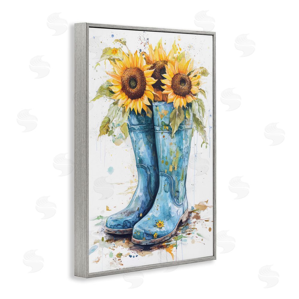 Tina LeCour Blue Rain Boots & Sunflowers Gray Framed Giclee Wall Art Print