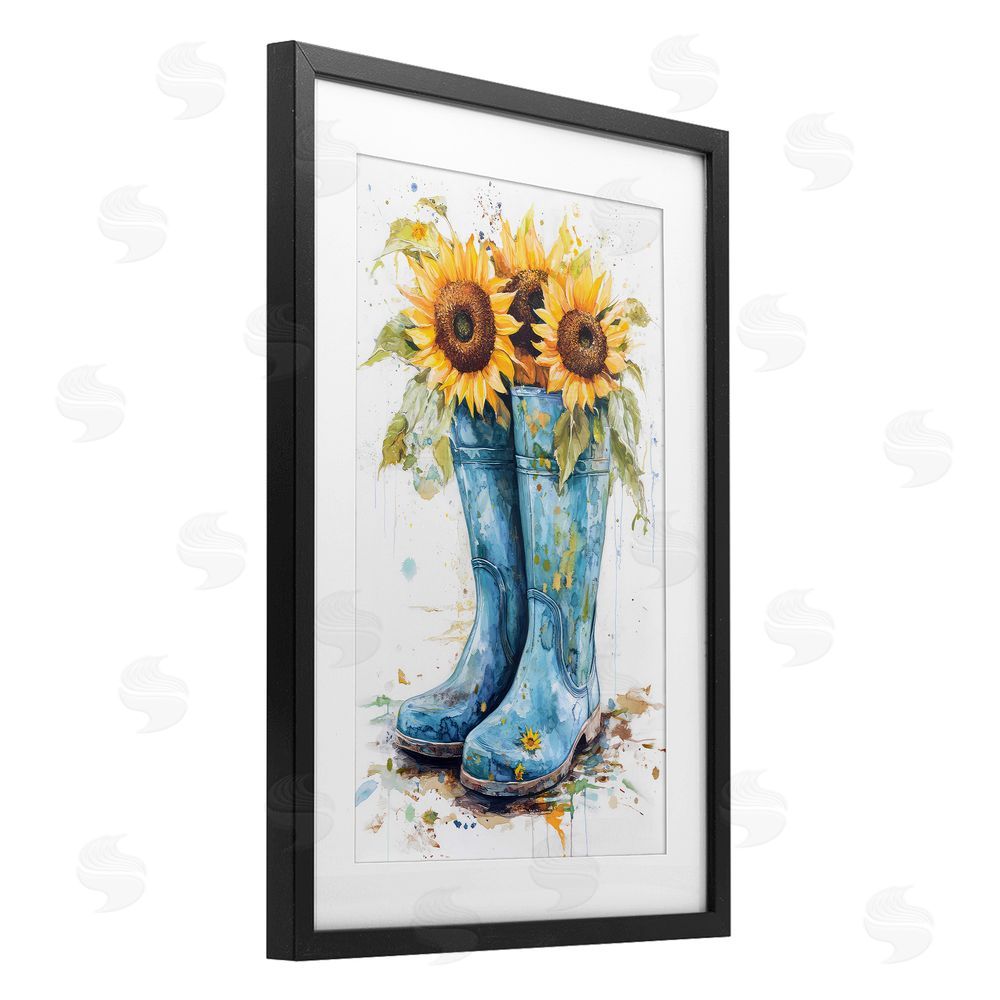 Tina LeCour Blue Rain Boots & Sunflowers Black Framed Print Under Glass Wall Art