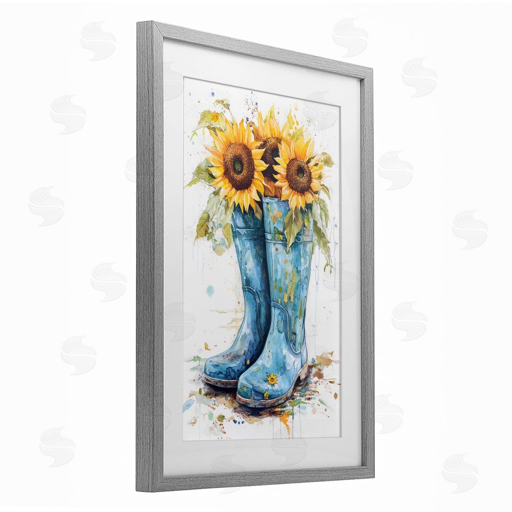 Tina LeCour Blue Rain Boots & Sunflowers Gray Framed Print Under Glass Wall Art
