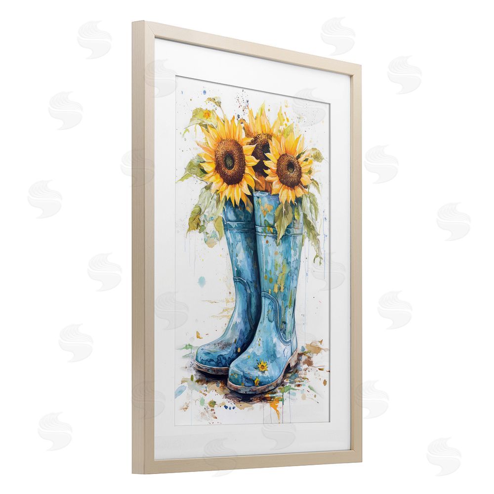 Tina LeCour Blue Rain Boots & Sunflowers Birch Framed Print Under Glass Wall Art