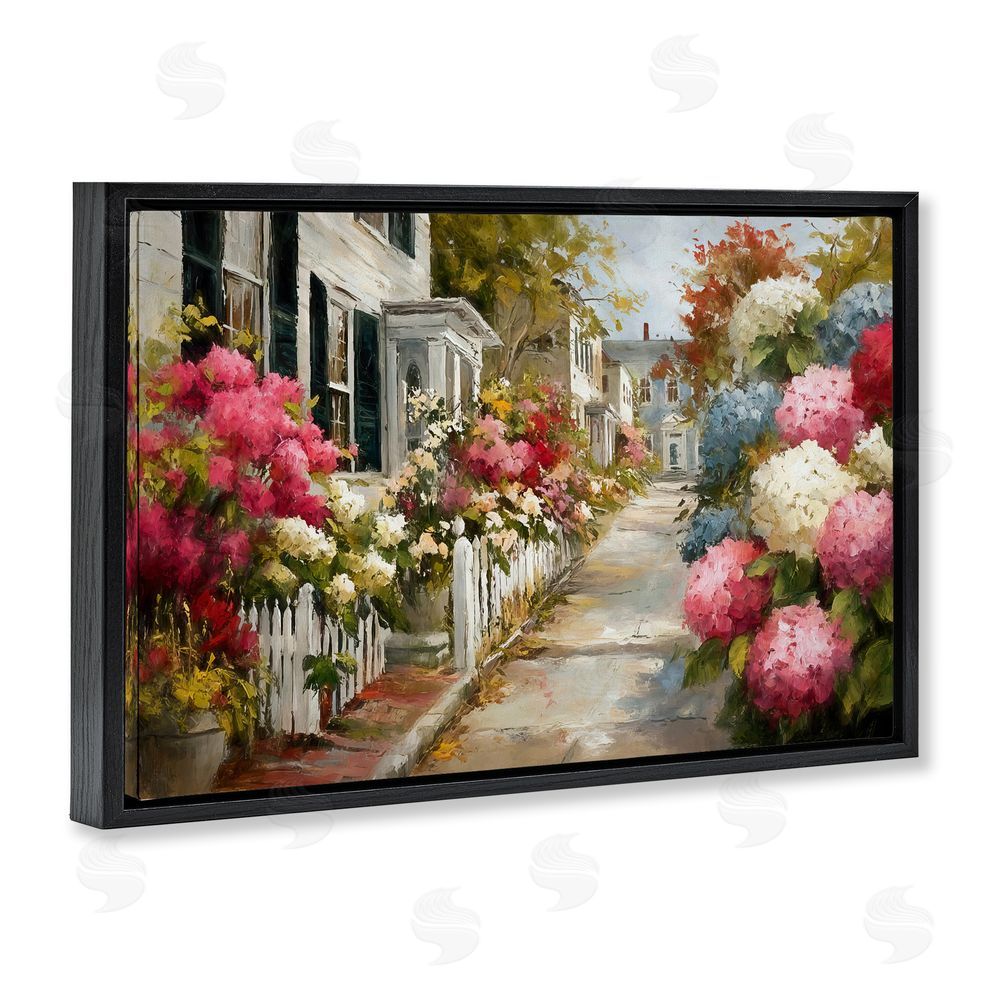 Tina LeCour Faded Shutters & Bursting Blooms Black Floating Frame Canvas Wall Art