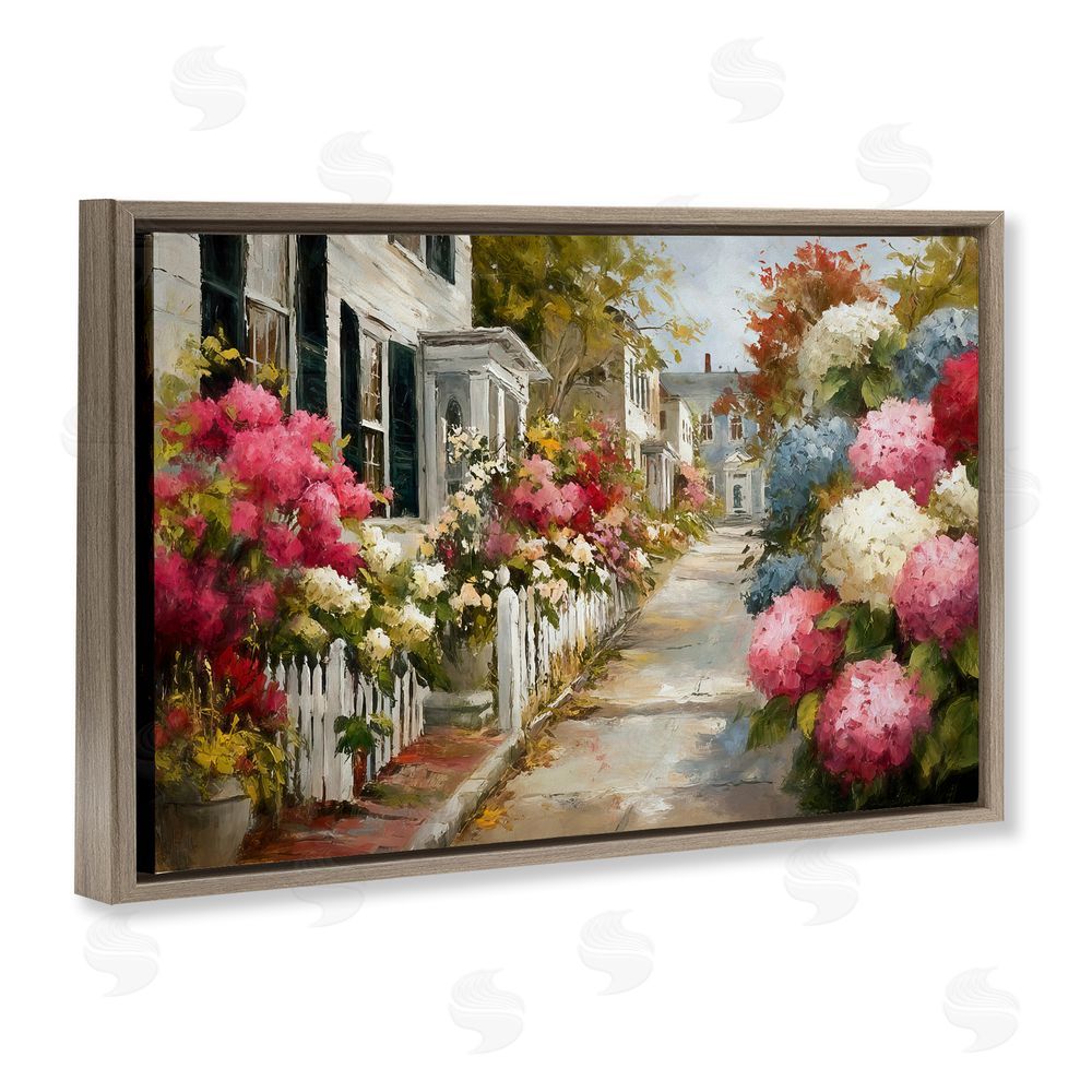 Tina LeCour Faded Shutters & Bursting Blooms Brown Floating Frame Canvas Wall Art