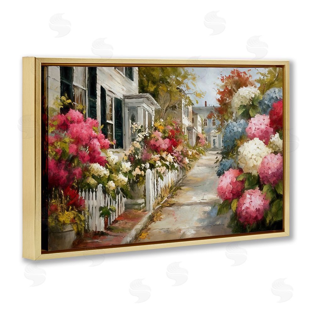 Tina LeCour Faded Shutters & Bursting Blooms Gold Floating Frame Canvas Wall Art