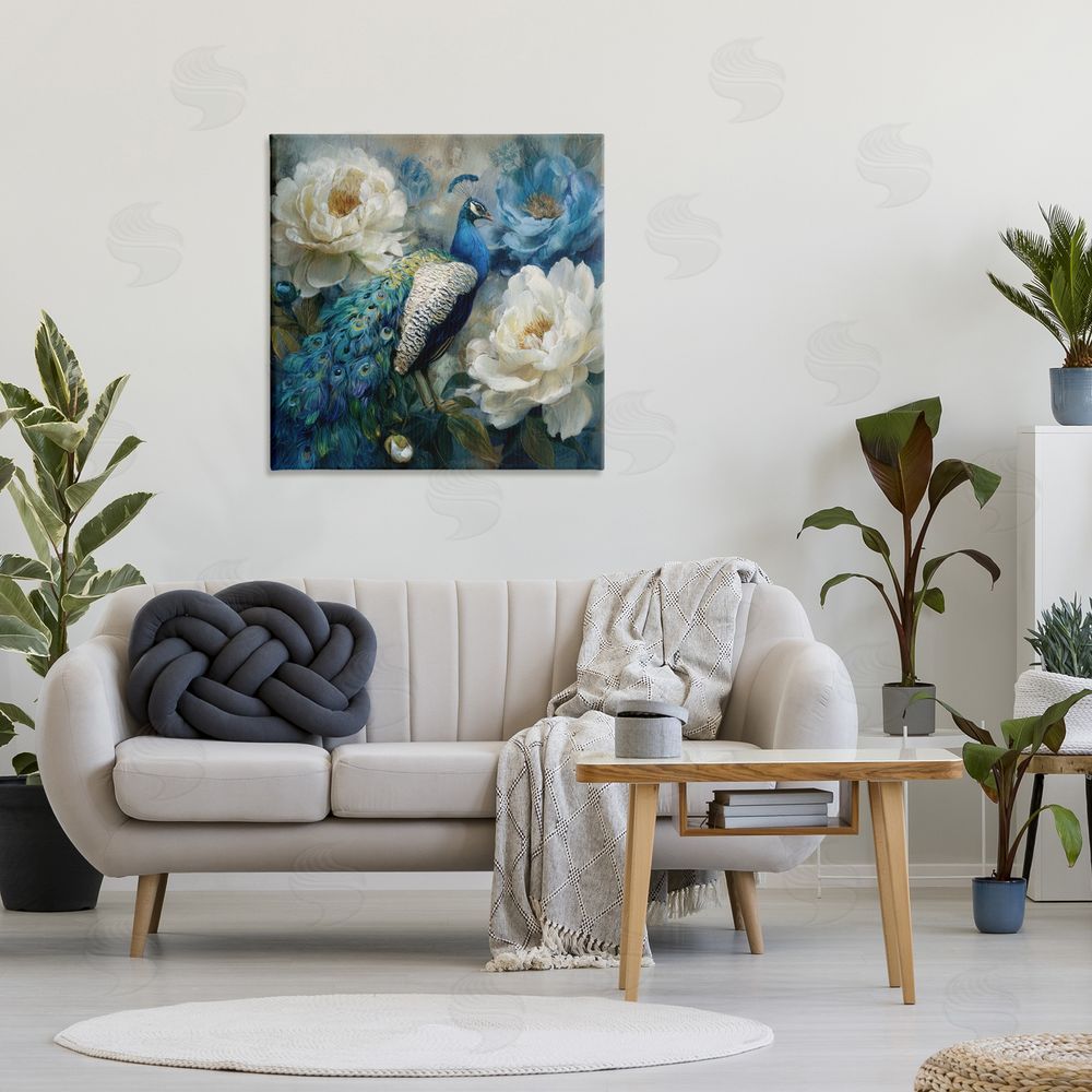 Tina LeCour Pretty Peony Peacock Stretched Canvas Wall Art Print in Room